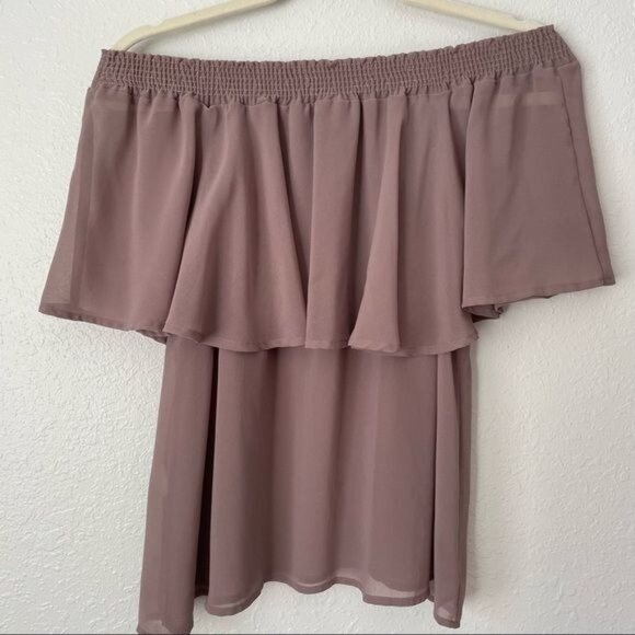 Show Me Your Mumu brown ruffle off shoulders elastic neckline chiffon top - Picture 6 of 6